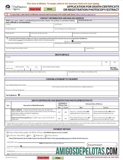 Agência de Estatísticas Vitais do Canadá da Certidão de Óbito da Colúmbia Britânica exemplo